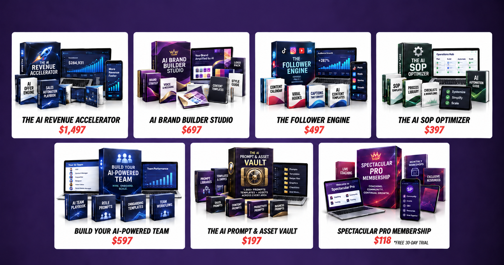 The 7 AI-Accelerator programs — Revenue Accelerator, Brand Builder, Follower Engine, SOP Optimizer, AI Team, Prompt Vault, and Pro membership. $4,000 total value.